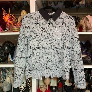 New Self Portrait Blue Lace Polo Neck Trim Top UK6/US2